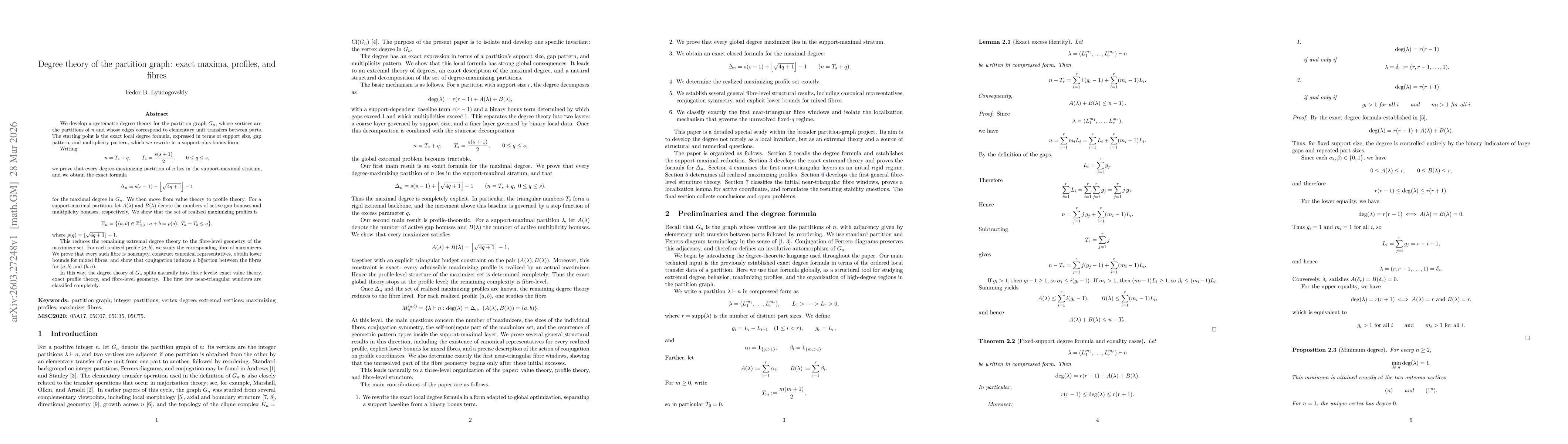 Thumbnail for Degree theory of the partition graph: exact maxima, profiles, and fibres