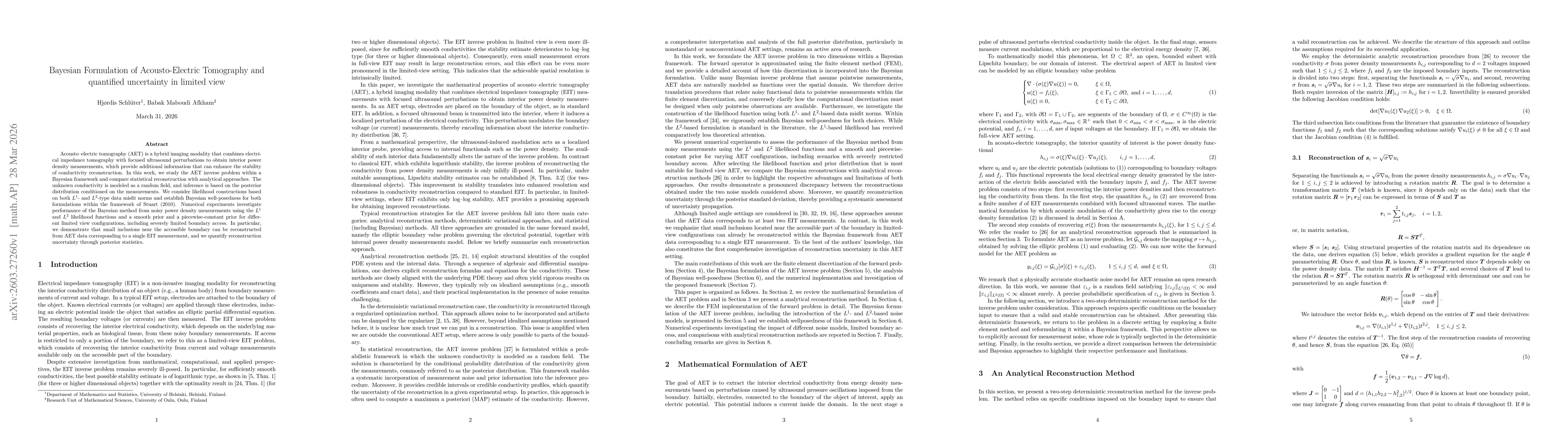 Thumbnail for Bayesian Formulation of Acousto-Electric Tomography and Quantified Uncertainty in Limited View