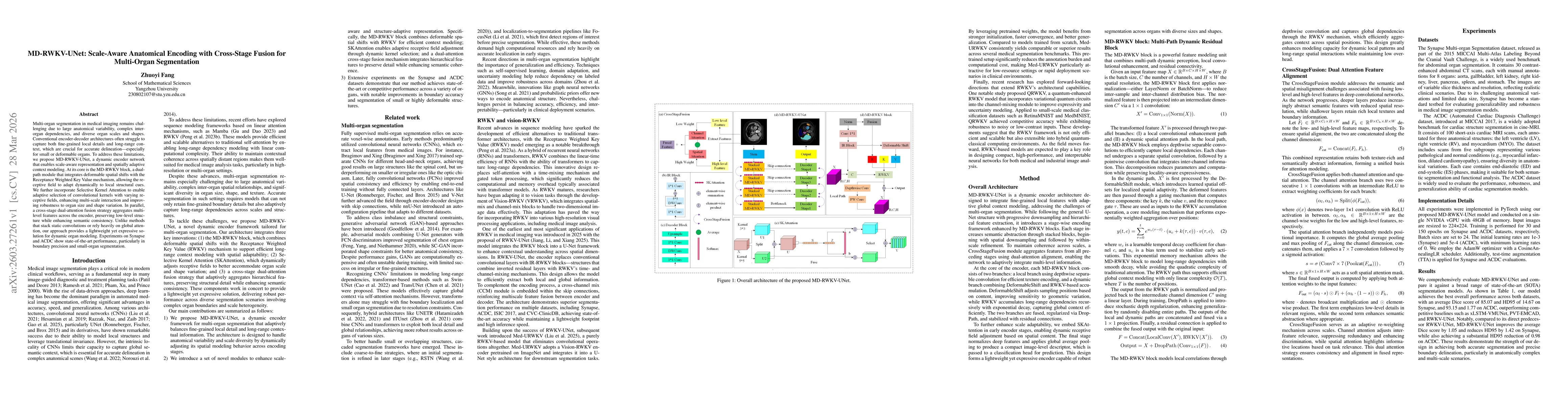 Thumbnail for MD-RWKV-UNet: Scale-Aware Anatomical Encoding with Cross-Stage Fusion for Multi-Organ Segmentation