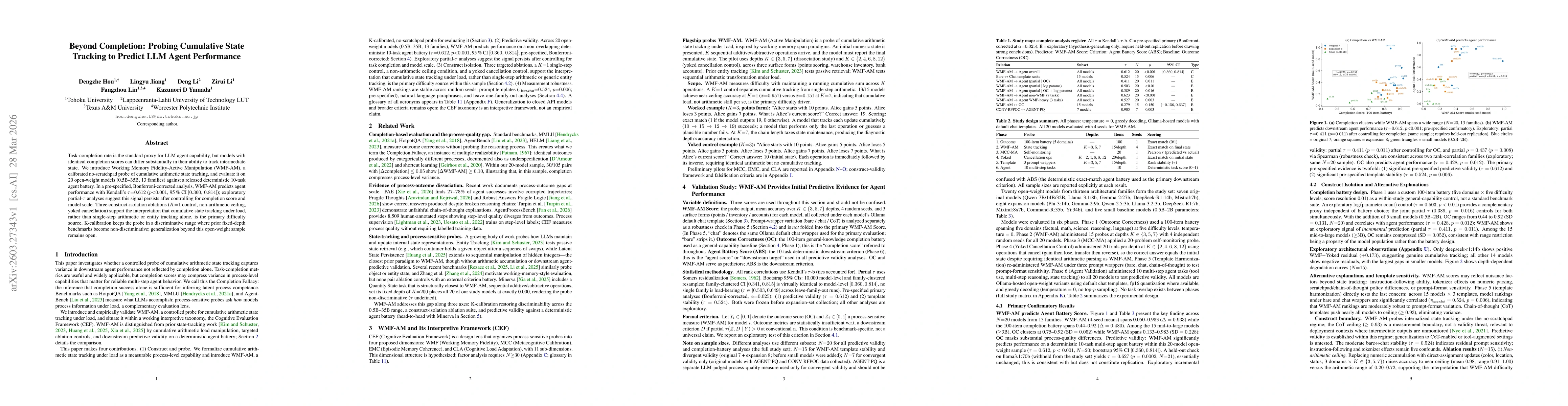 Thumbnail for Beyond Completion: Probing Cumulative State Tracking to Predict LLM Agent Performance