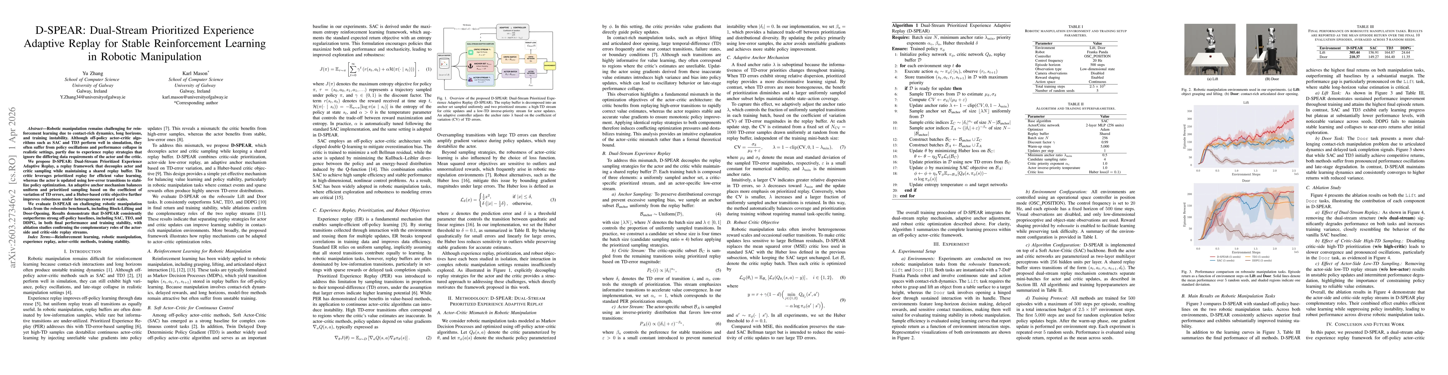 Thumbnail for D-SPEAR: Dual-Stream Prioritized Experience Adaptive Replay for Stable Reinforcement Learninging Robotic Manipulation