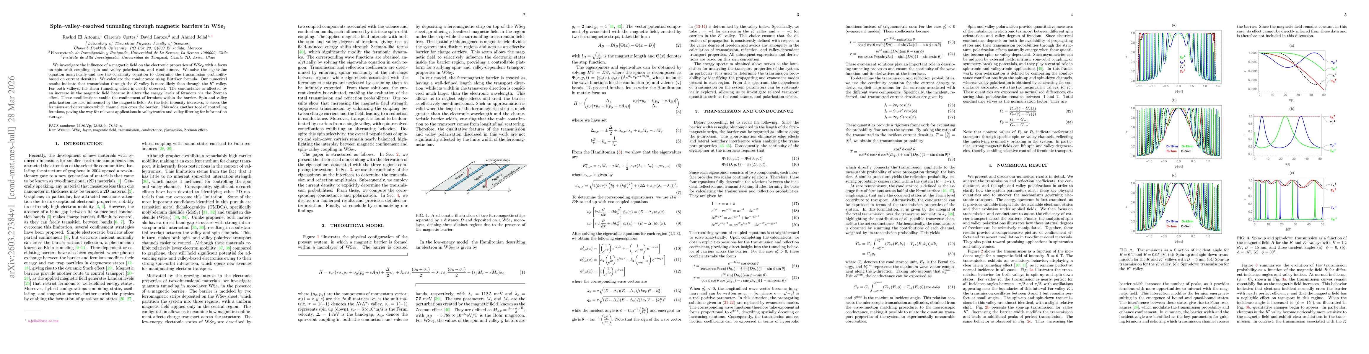 Thumbnail for Spin--valley--resolved tunneling through magnetic barriers in WSe$_2$