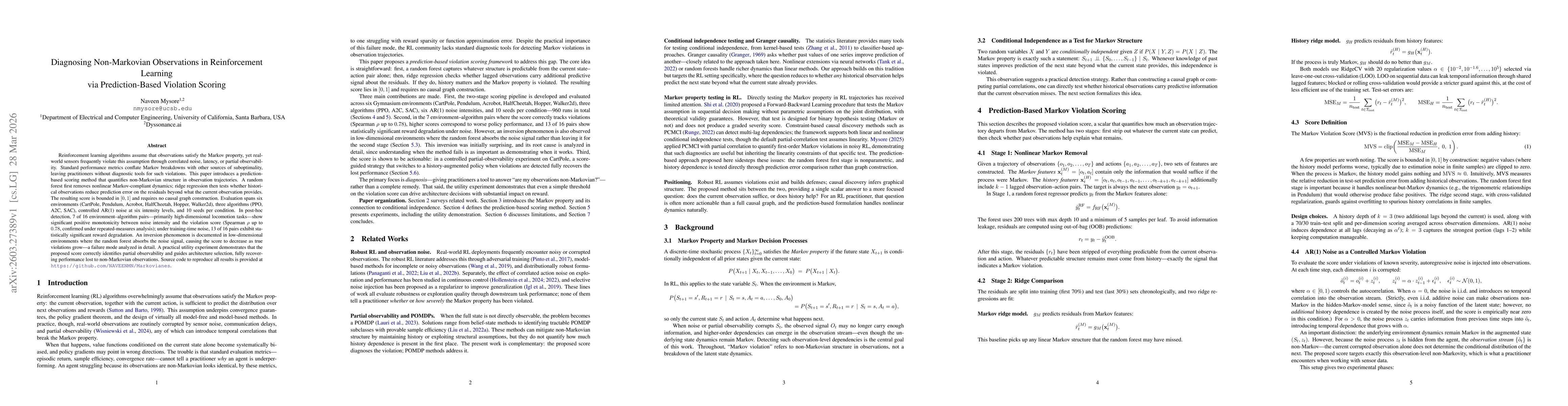 Thumbnail for Diagnosing Non-Markovian Observations in Reinforcement Learning via Prediction-Based Violation Scoring