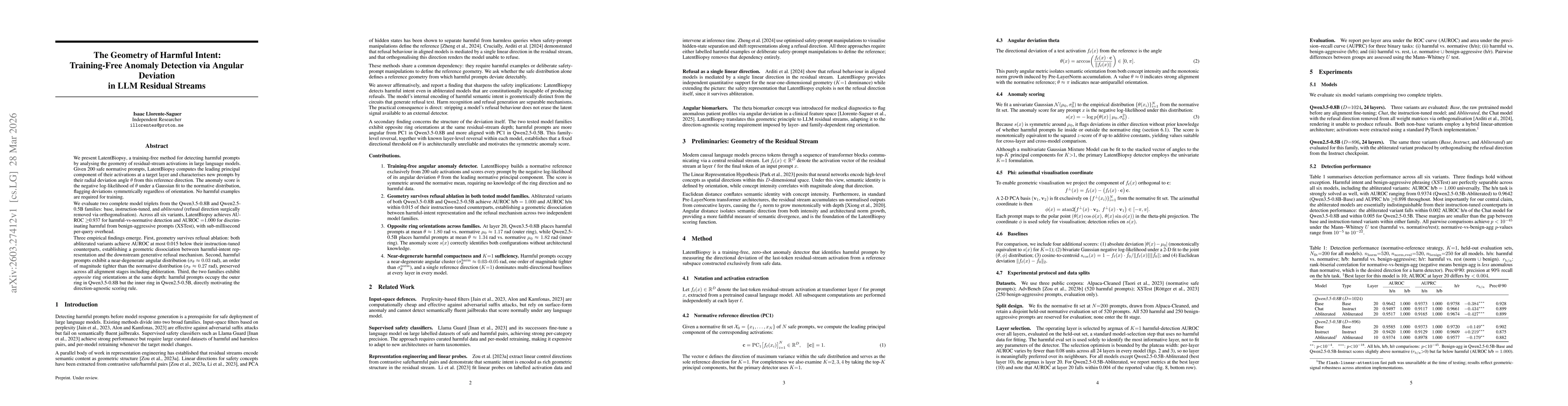 Thumbnail for The Geometry of Harmful Intent: Training-Free Anomaly Detection via Angular Deviation in LLM Residual Streams