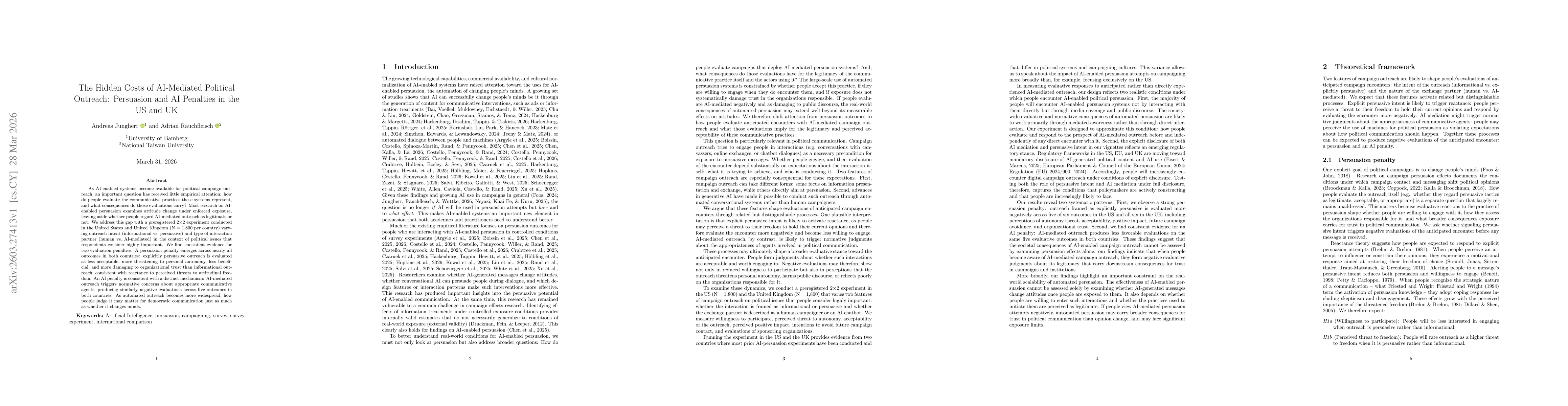 Thumbnail for The Hidden Costs of AI-Mediated Political Outreach: Persuasion and AI Penalties in the US and UK