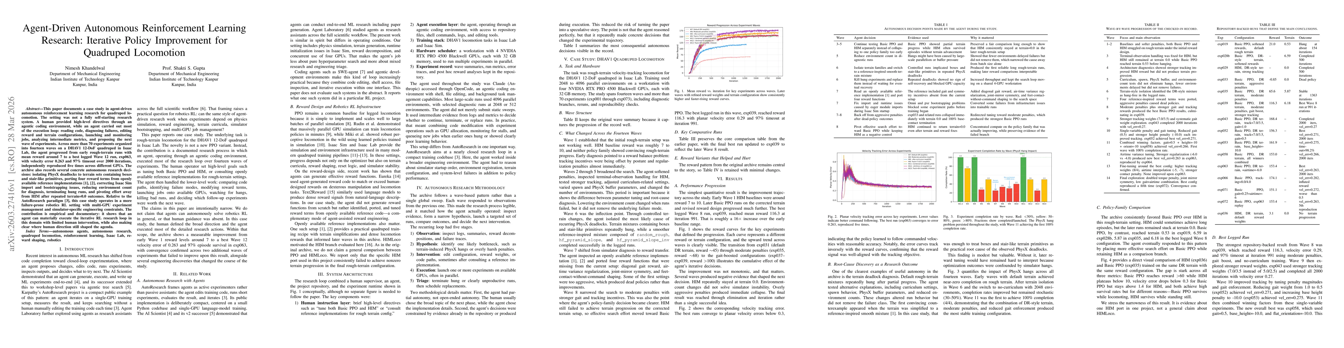 Thumbnail for Agent-Driven Autonomous Reinforcement Learning Research: Iterative Policy Improvement for Quadruped Locomotion