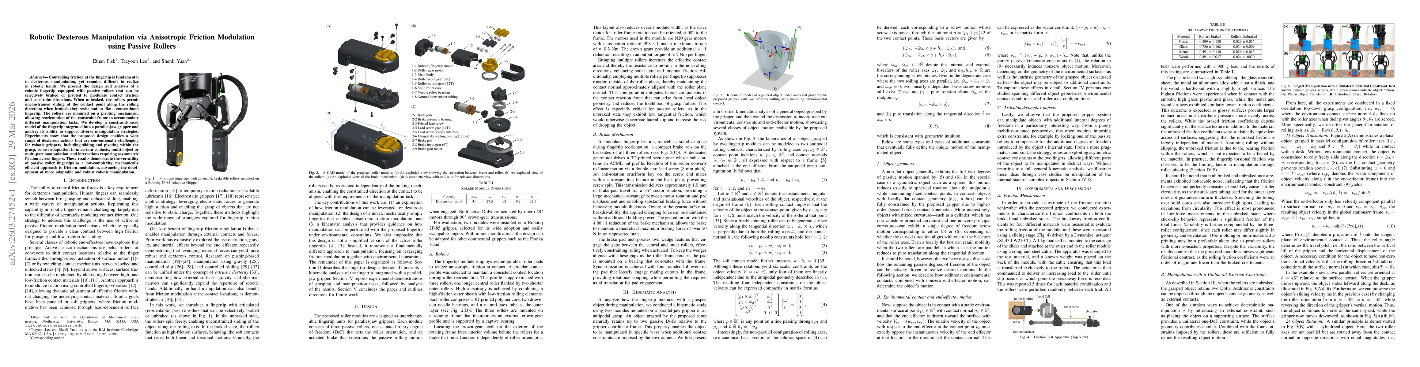 Thumbnail for Robotic Dexterous Manipulation via Anisotropic Friction Modulation using Passive Rollers