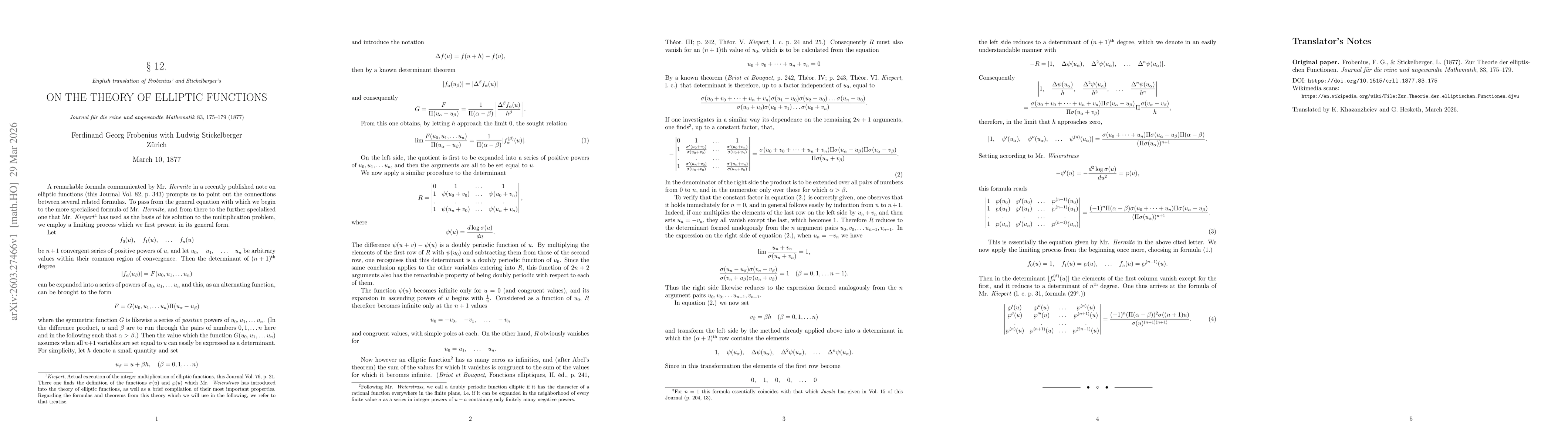 Thumbnail for English translation of Frobenius' and Stickelberger's "On the theory of elliptic functions"