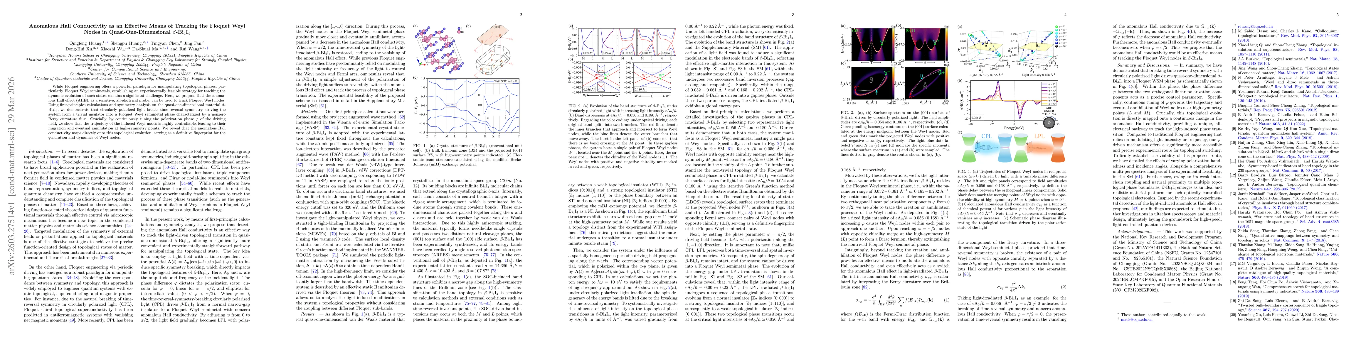 Thumbnail for Anomalous Hall Conductivity as an Effective Means of Tracking the Floquet Weyl Nodes in Quasi-One-Dimensional $β$-Bi$_4$I$_4$