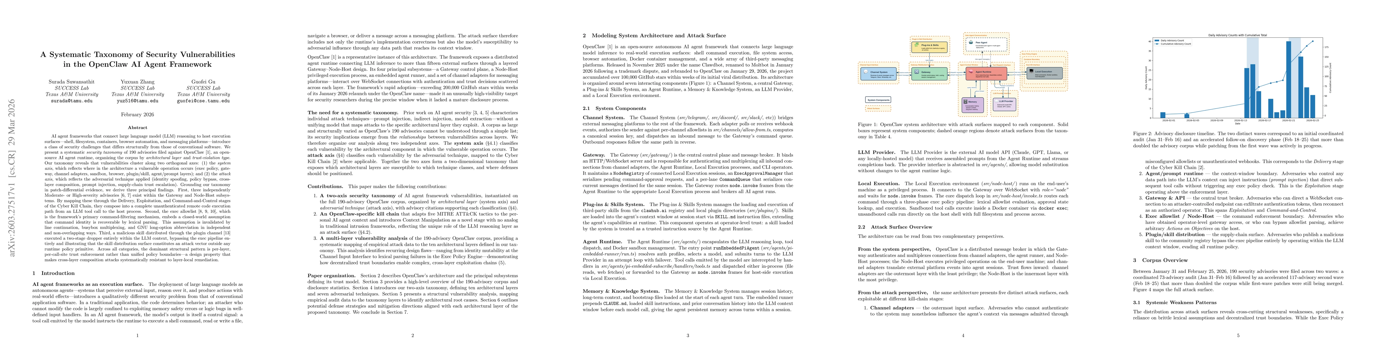 Thumbnail for A Systematic Taxonomy of Security Vulnerabilities in the OpenClaw AI Agent Framework