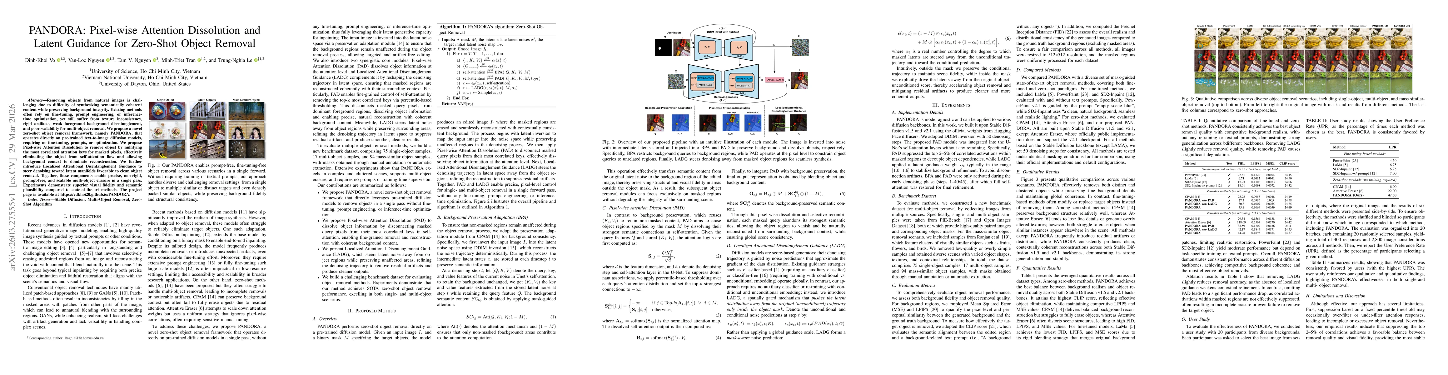 Thumbnail for PANDORA: Pixel-wise Attention Dissolution and Latent Guidance for Zero-Shot Object Removal