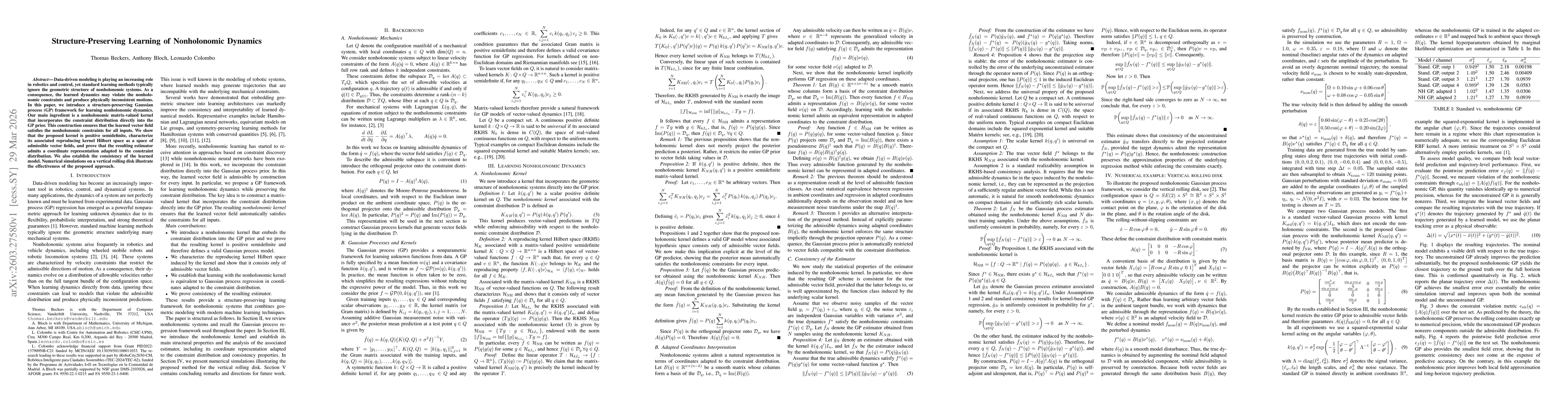 Thumbnail for Structure-Preserving Learning of Nonholonomic Dynamics