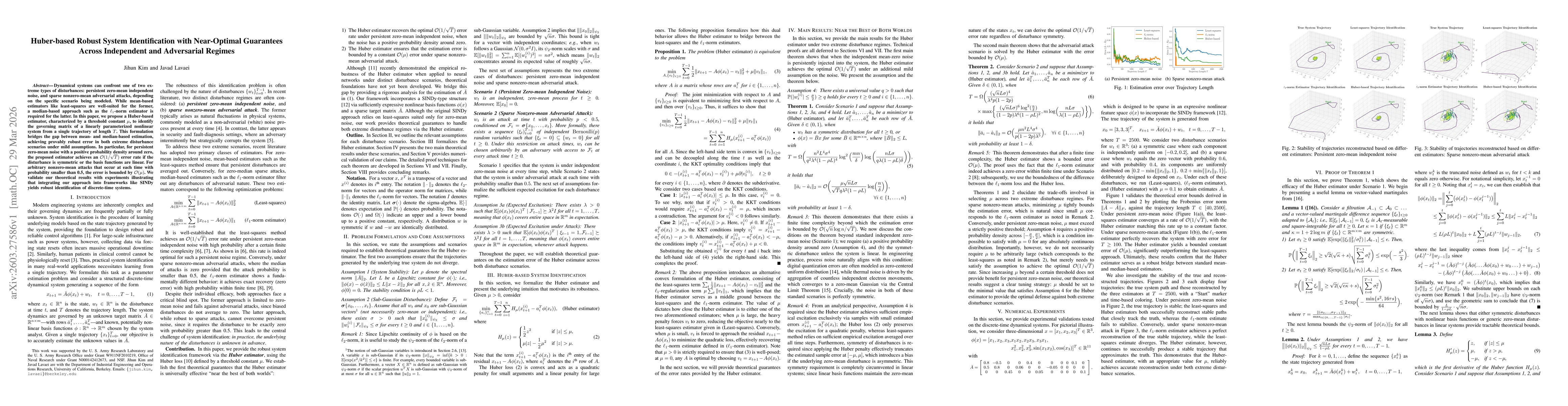 Thumbnail for Huber-based Robust System Identification with Near-Optimal Guarantees Across Independent and Adversarial Regimes