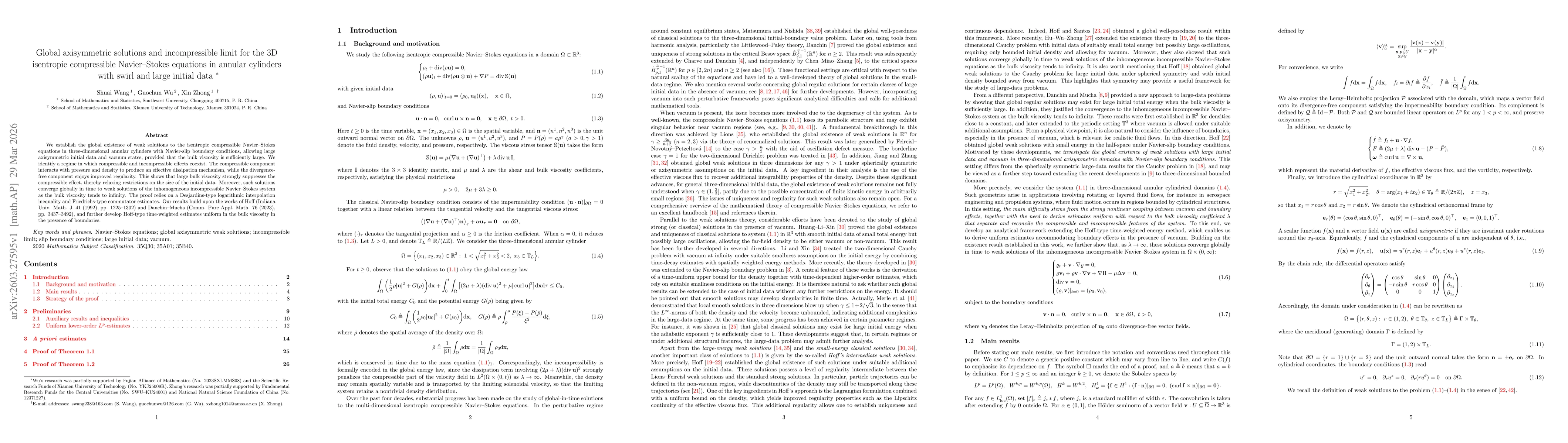 Thumbnail for Global axisymmetric solutions and incompressible limit for the 3D isentropic compressible Navier-Stokes equations in annular cylinders with swirl and large initial data