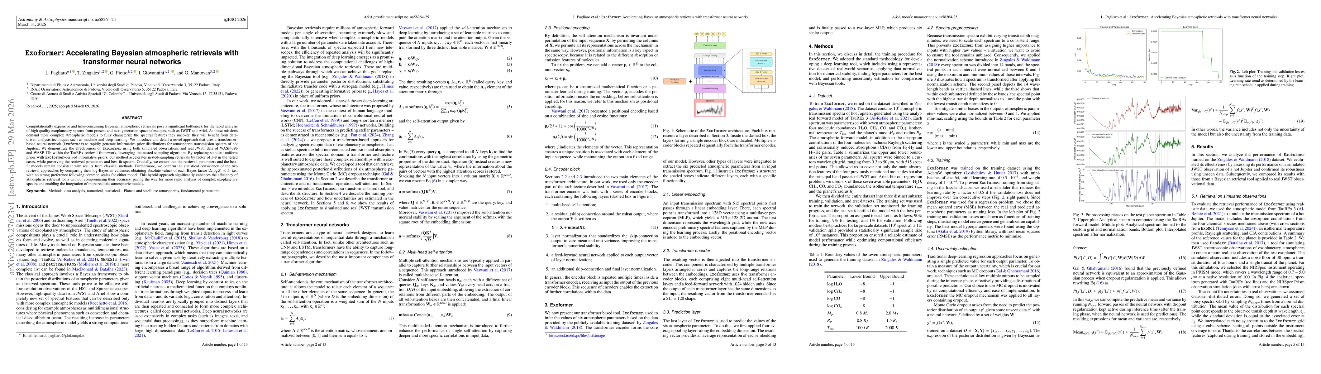 Thumbnail for $\texttt{Exoformer}$: Accelerating Bayesian atmospheric retrievals with transformer neural networks