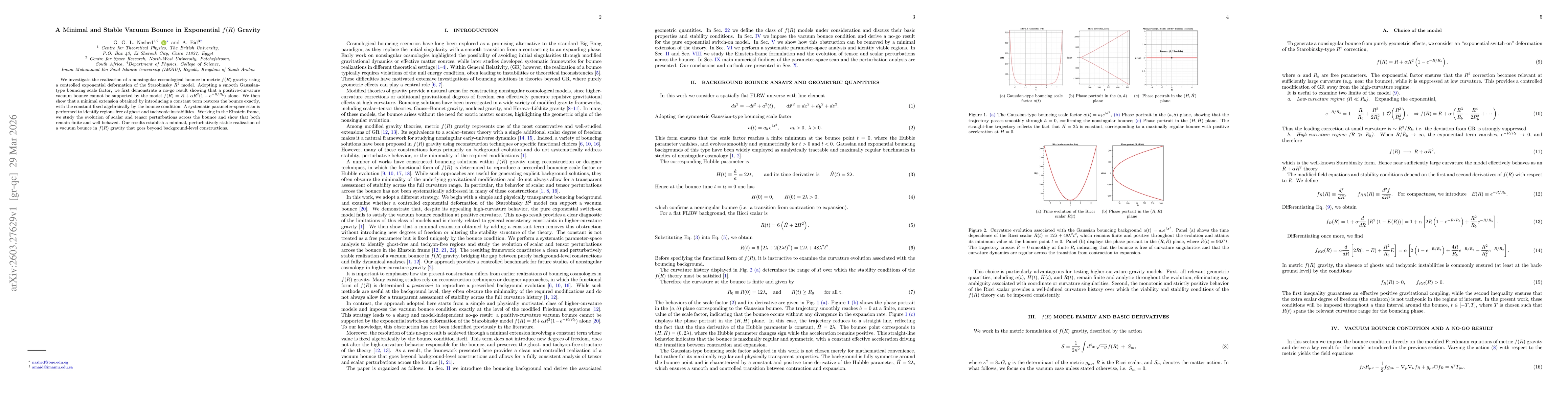 Thumbnail for A Minimal and Stable Vacuum Bounce in Exponential $f(R)$ Gravity
