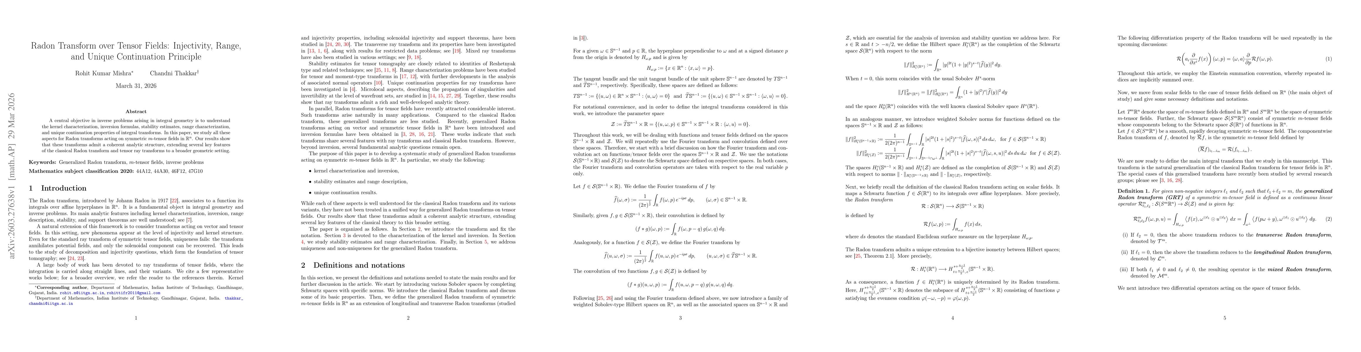 Thumbnail for Radon Transform over Tensor Fields: Injectivity, Range, and Unique Continuation Principle