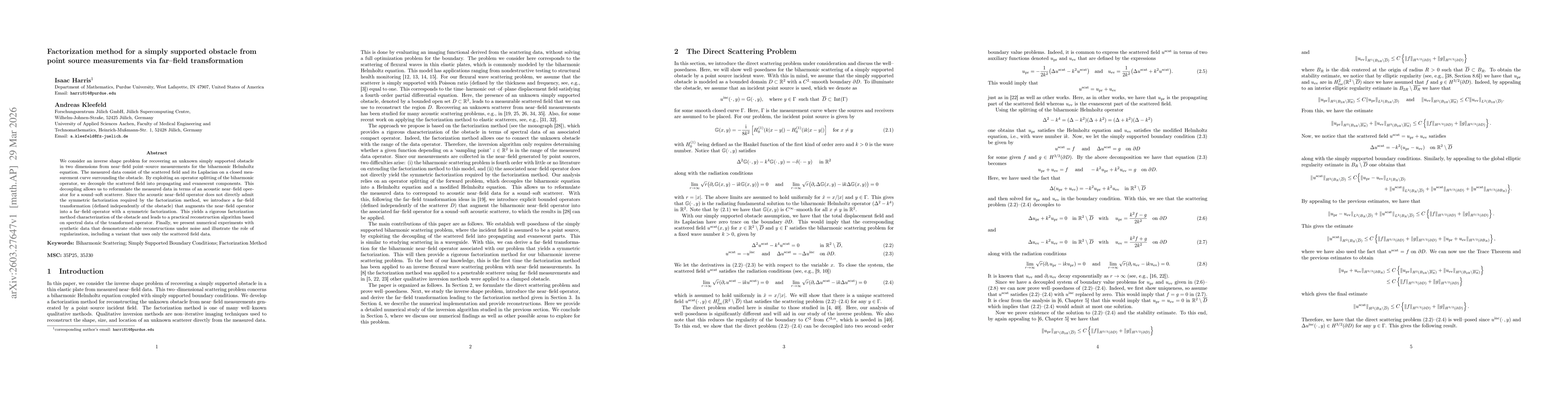 Thumbnail for Factorization method for a simply supported obstacle from point source measurements via far--field transformation