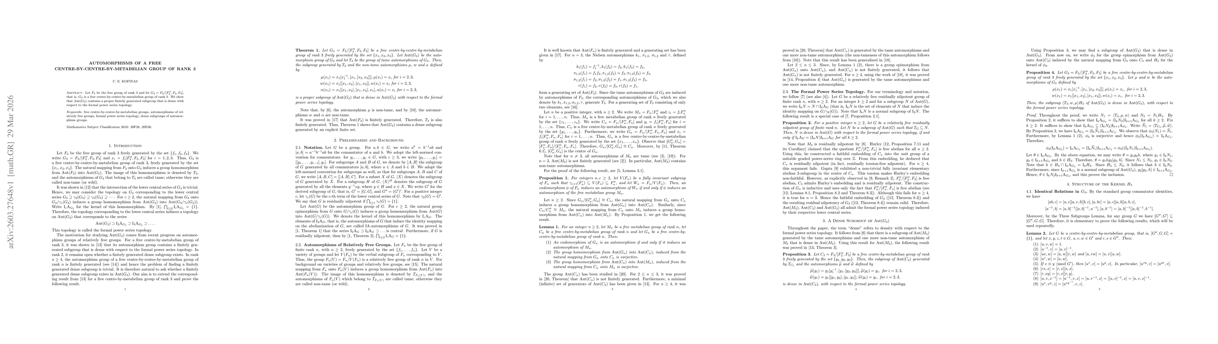 Thumbnail for Automorphisms of a Free Centre-by-Centre-by-Metabelian Group of Rank 3
