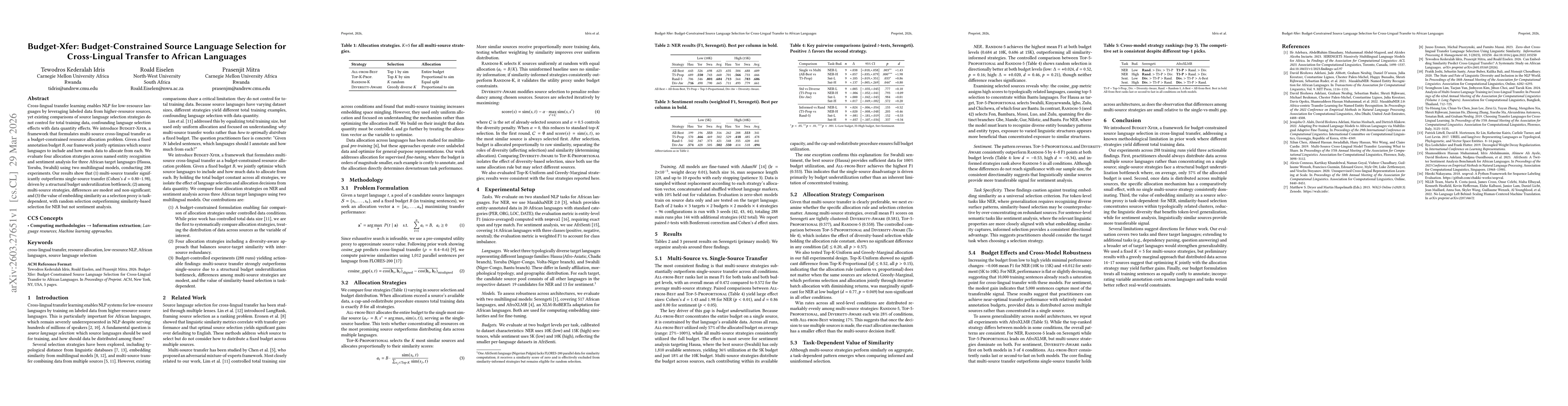 Thumbnail for Budget-Xfer: Budget-Constrained Source Language Selection for Cross-Lingual Transfer to African Languages