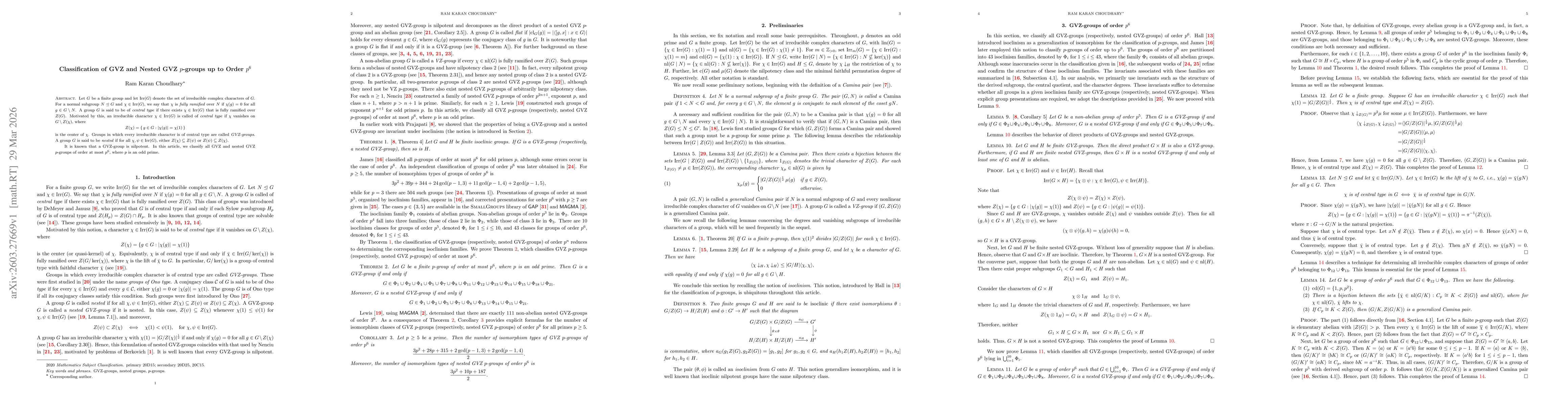 Thumbnail for Classification of GVZ and Nested GVZ $p$-groups up to Order $p^6$
