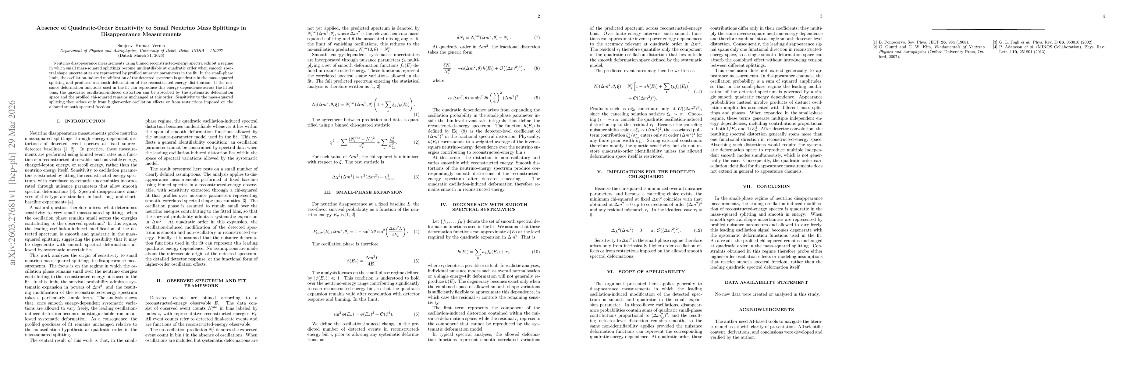 Thumbnail for Absence of Quadratic-Order Sensitivity to Small Neutrino Mass Splittings in Disappearance Measurements