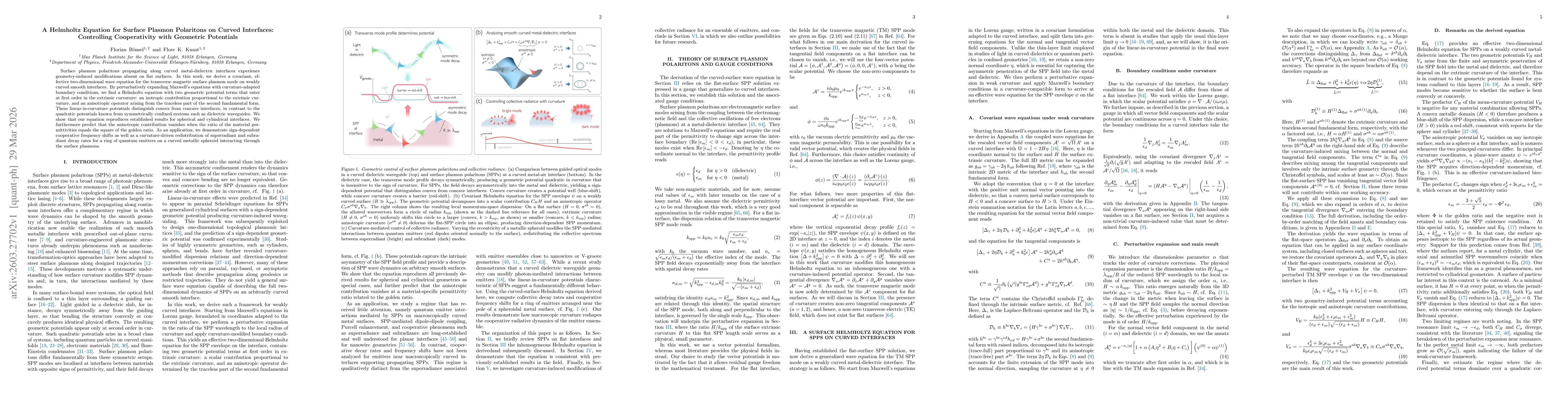 Thumbnail for A Helmholtz Equation for Surface Plasmon Polaritons on Curved Interfaces: Controlling Cooperativity with Geometric Potentials