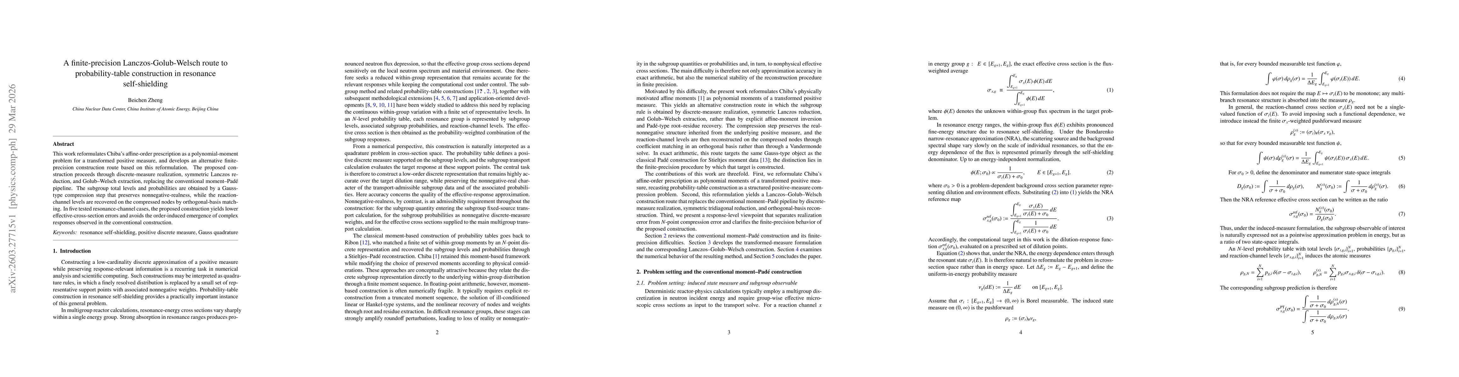 Thumbnail for A finite-precision Lanczos-Golub-Welsch route to probability-table construction in resonance self-shielding