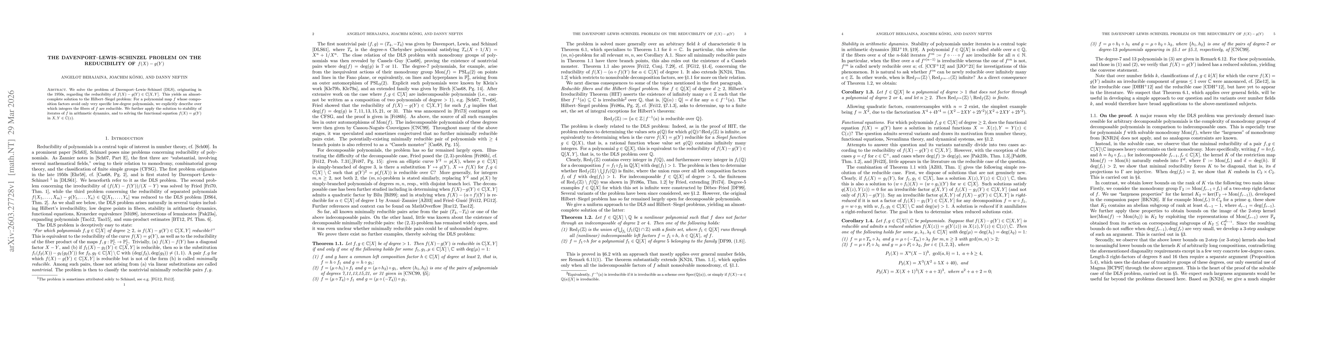 Thumbnail for The Davenport-Lewis-Schinzel problem on the reducibility of $f(X)-g(Y)$
