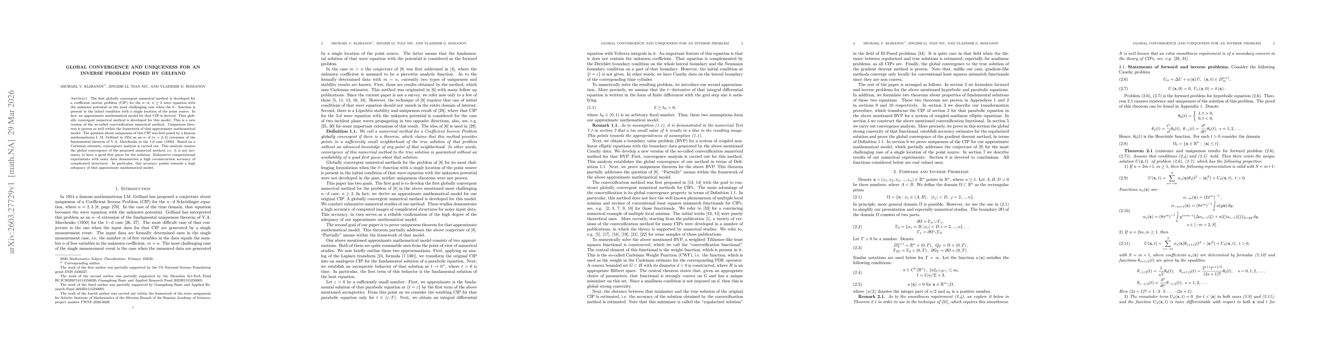 Thumbnail for Global Convergence and Uniqueness for an Inverse Problem Posed by Gelfand