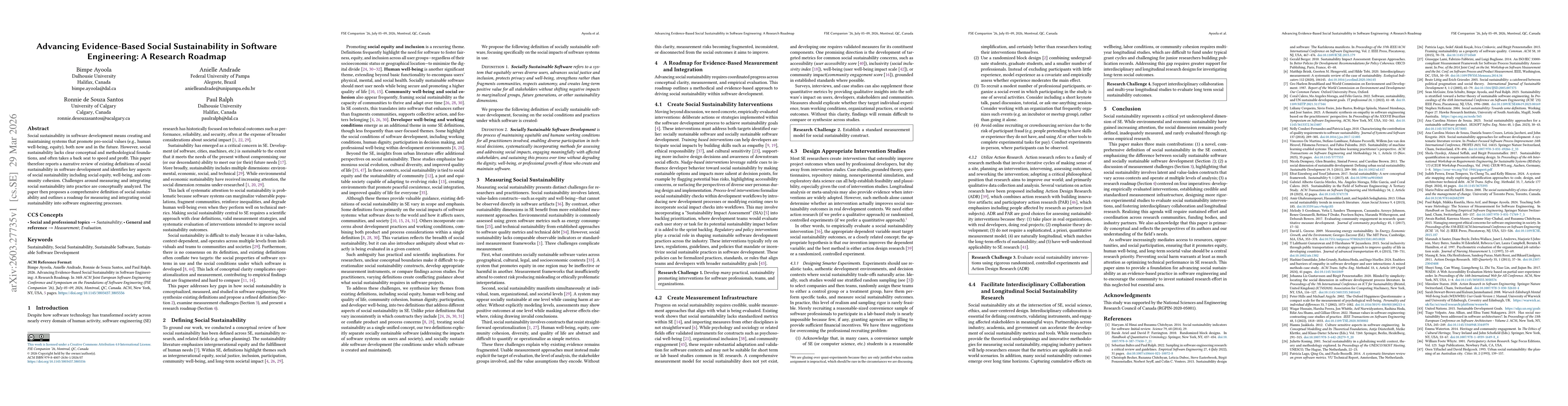 Thumbnail for Advancing Evidence-Based Social Sustainability in Software Engineering: A Research Roadmap