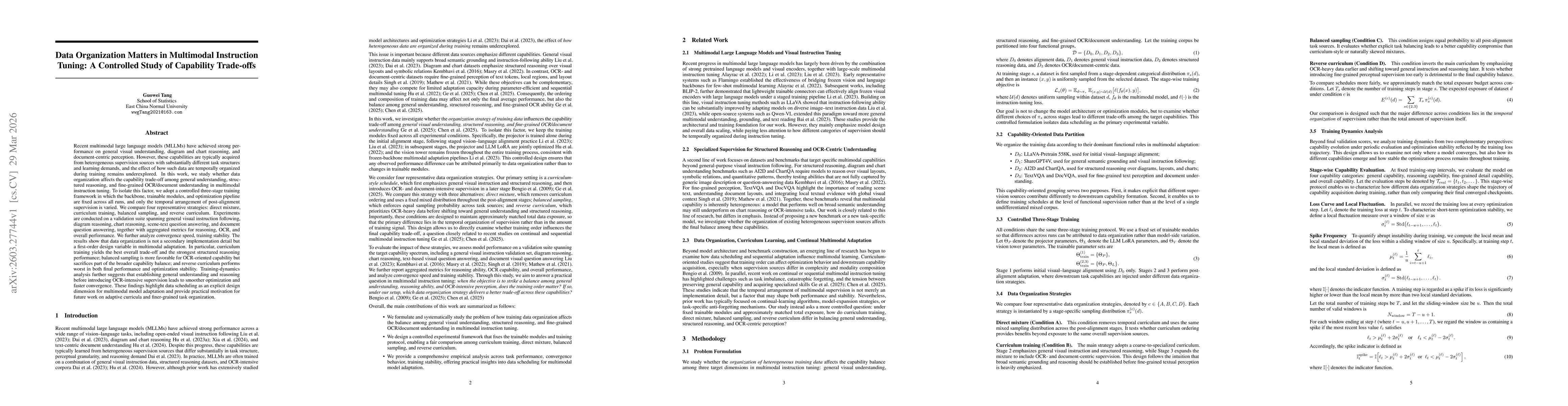 Thumbnail for Data Organization Matters in Multimodal Instruction Tuning: A Controlled Study of Capability Trade-offs