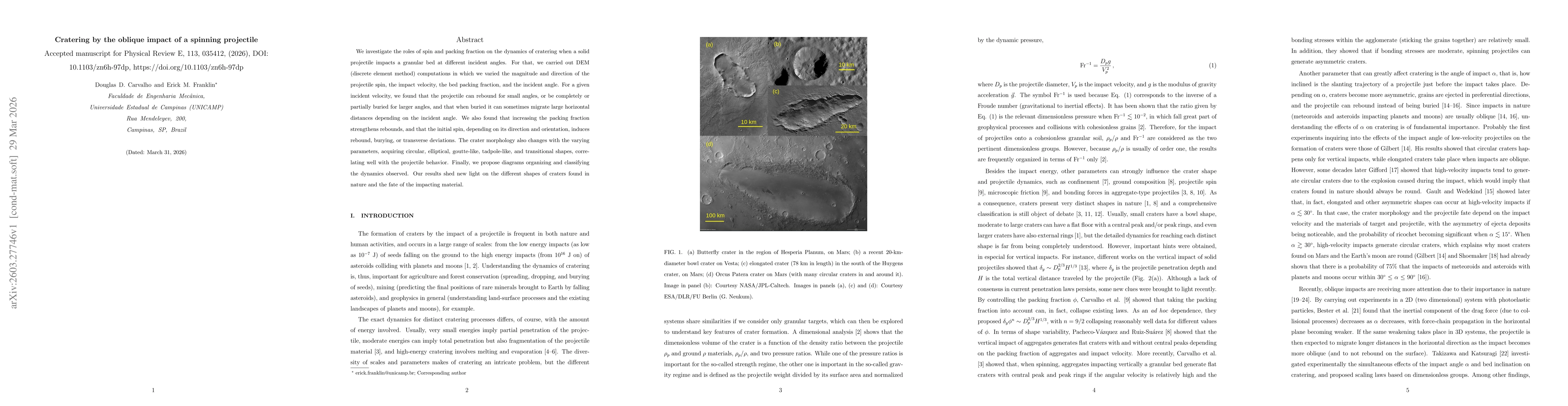 Thumbnail for Cratering by the oblique impact of a spinning projectile