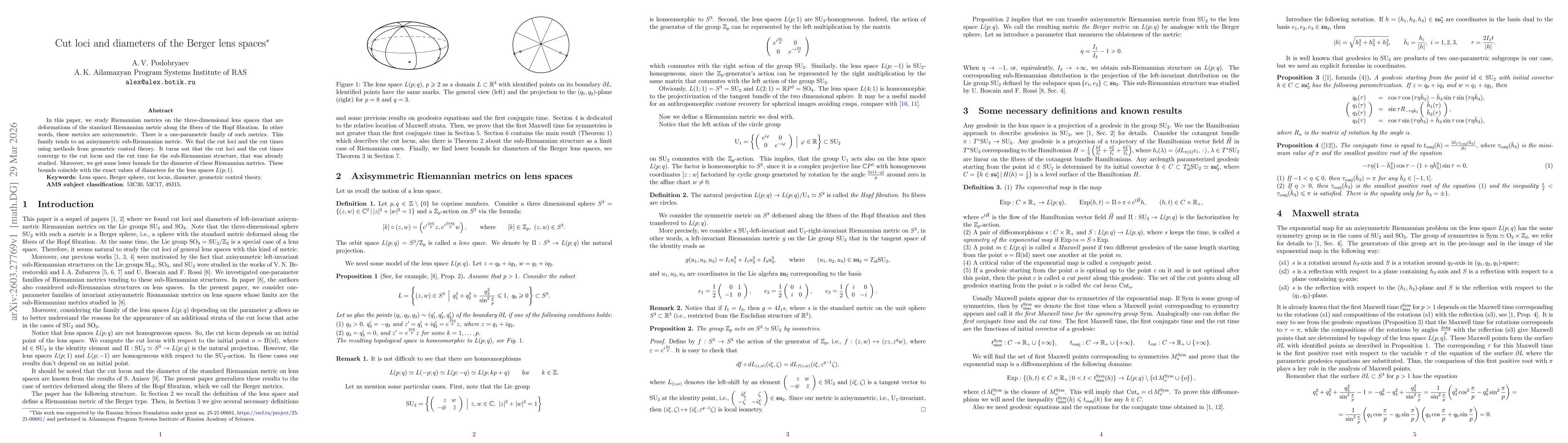 Thumbnail for Cut loci and diameters of the Berger lens spaces
