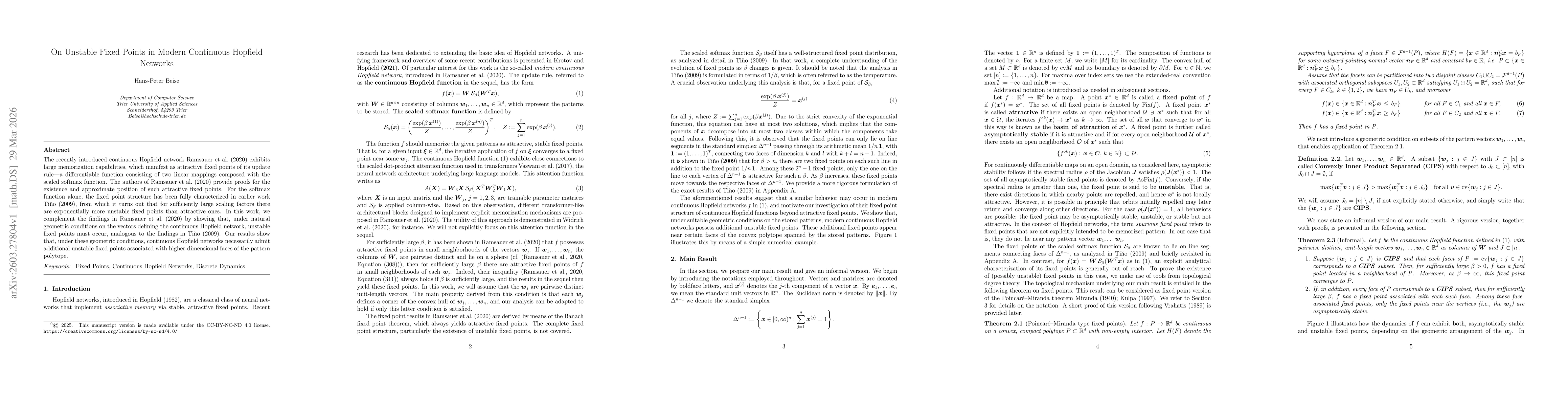 Thumbnail for On Unstable Fixed Points in Modern Continuous Hopfield Networks