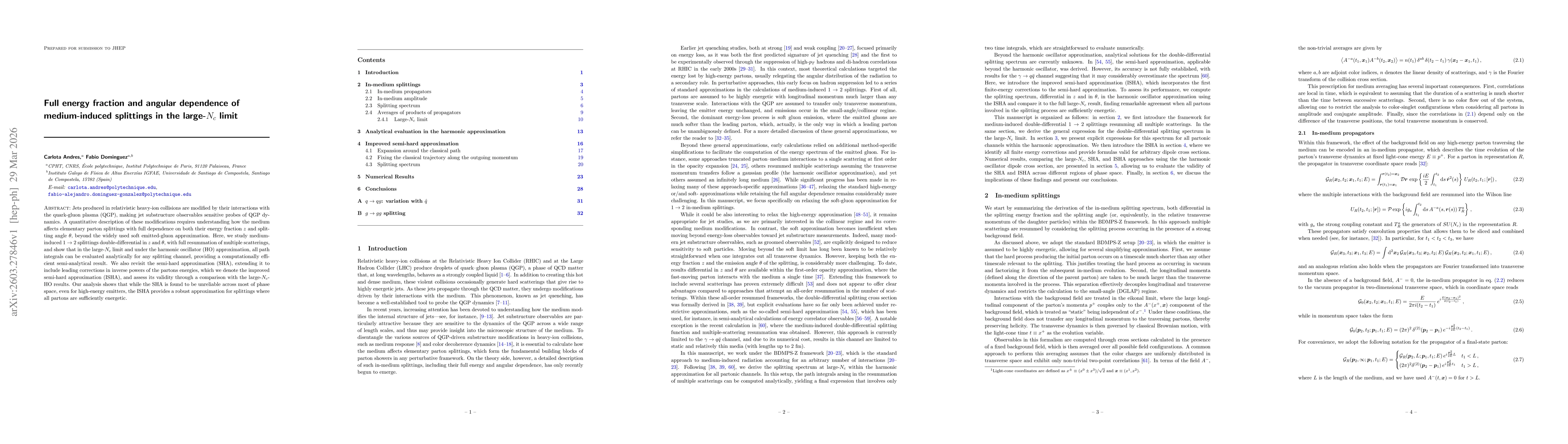 Thumbnail for Full energy fraction and angular dependence of medium-induced splittings in the large-$N_c$ limit