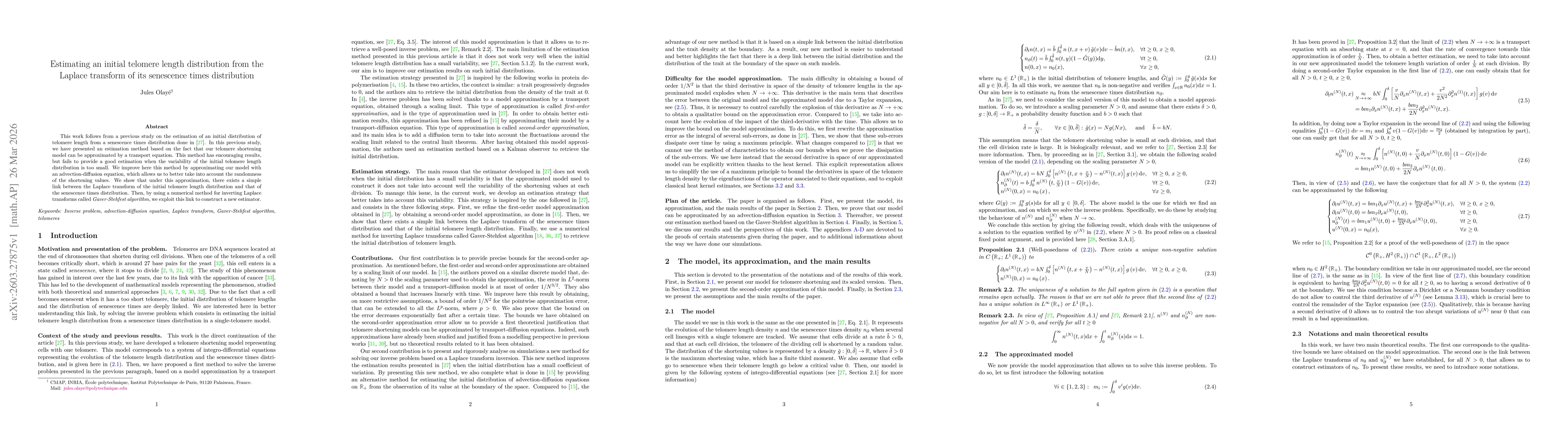 Thumbnail for Estimating an initial telomere length distribution from the Laplace transform of its senescence times distribution