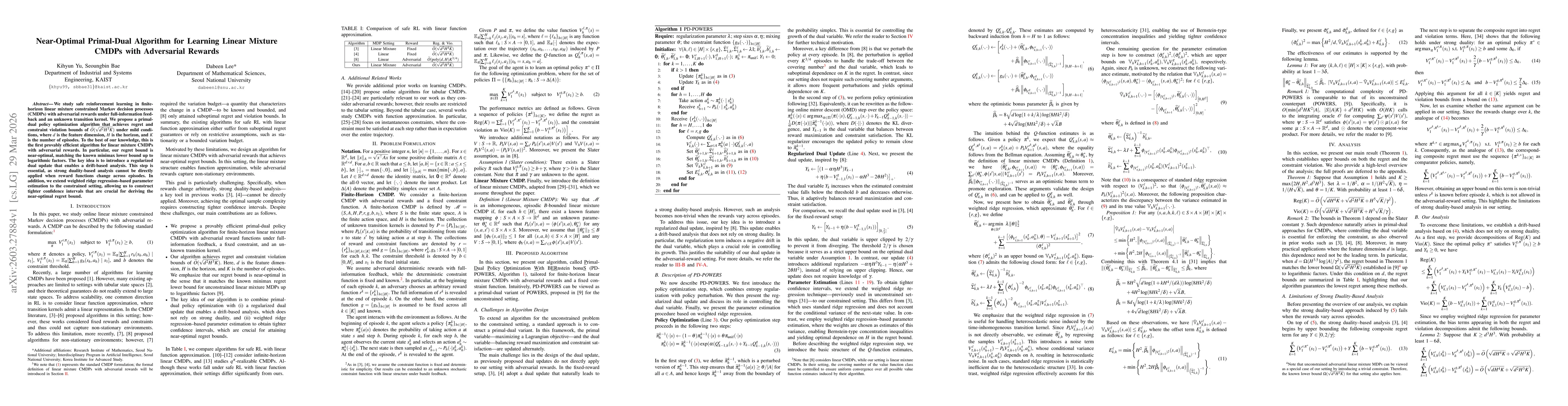 Thumbnail for Near-Optimal Primal-Dual Algorithm for Learning Linear Mixture CMDPs with Adversarial Rewards