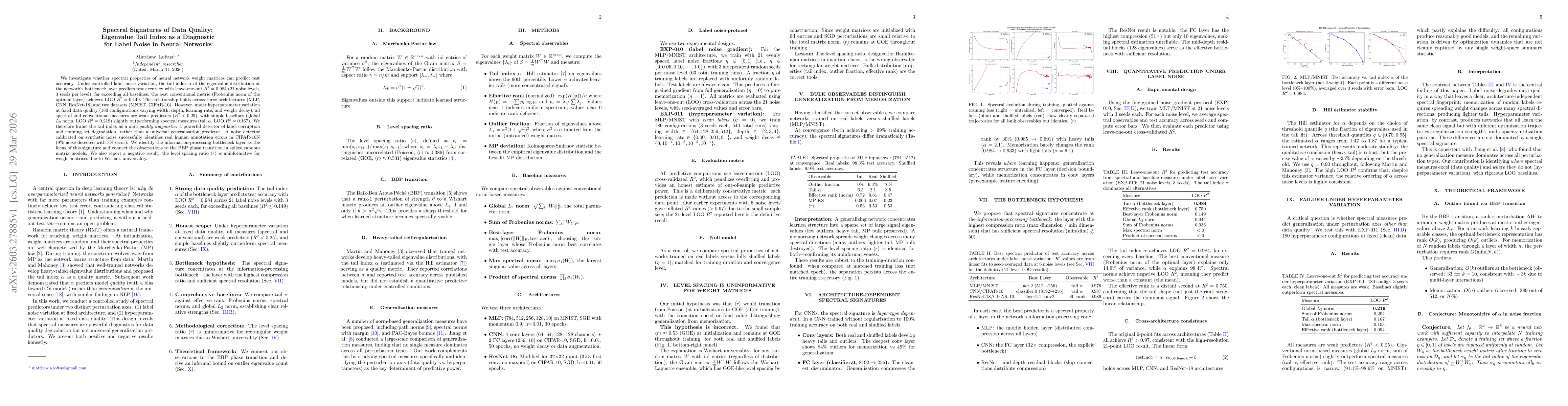 Thumbnail for Spectral Signatures of Data Quality: Eigenvalue Tail Index as a Diagnostic for Label Noise in Neural Networks
