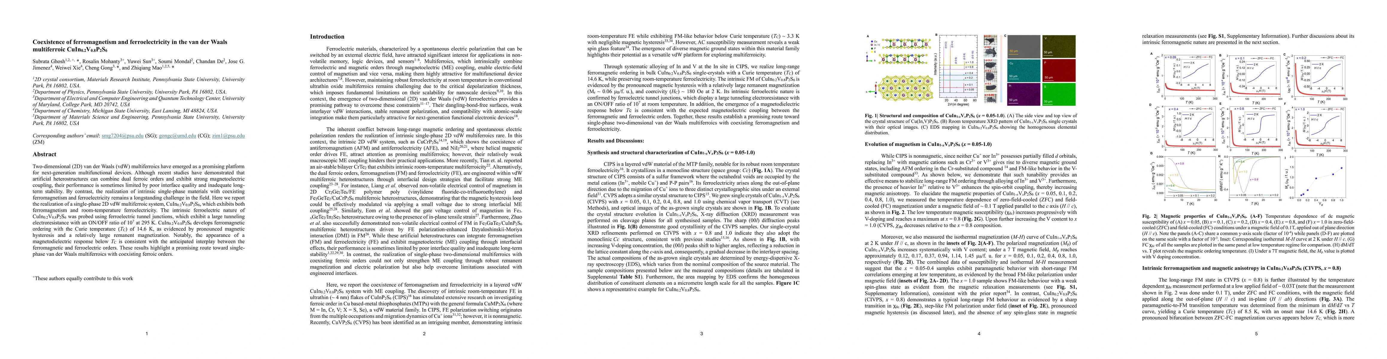 Thumbnail for Coexistence of ferromagnetism and ferroelectricity in the van der Waals multiferroic CuIn0.2V0.8P2S6