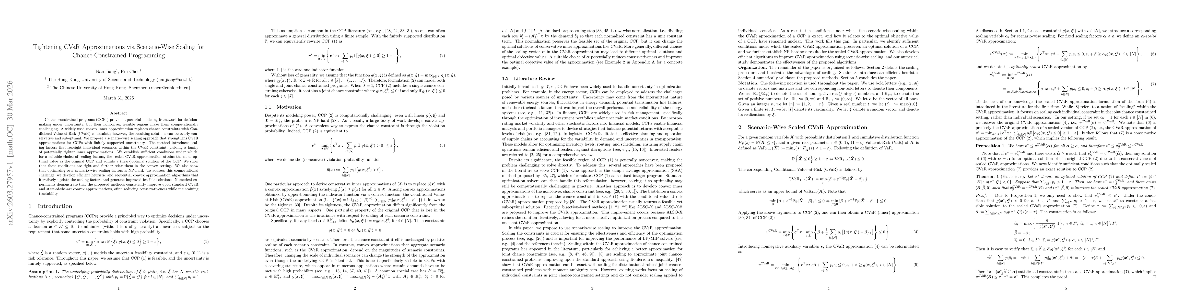 Thumbnail for Tightening CVaR Approximations via Scenario-Wise Scaling for Chance-Constrained Programming