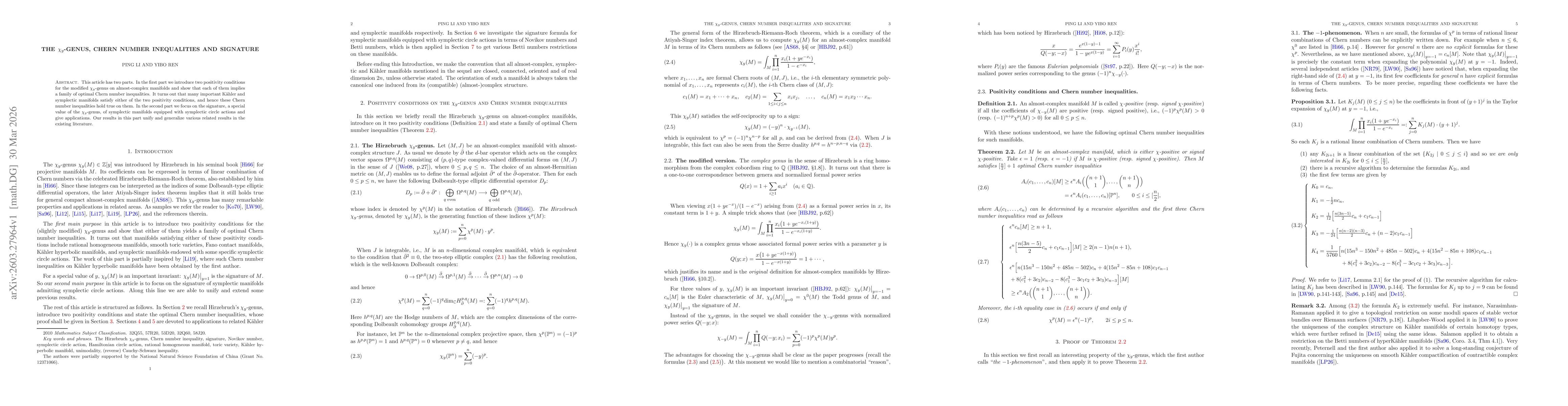 Thumbnail for The $χ_y$-genus, Chern number inequalities and signature