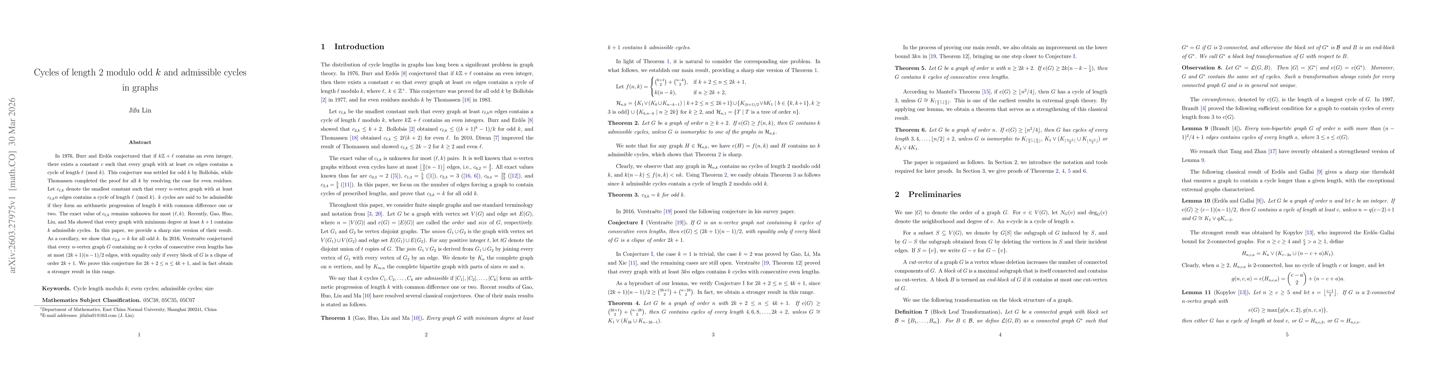 Thumbnail for Cycles of length $2$ modulo odd $k$ and admissible cycles in graphs