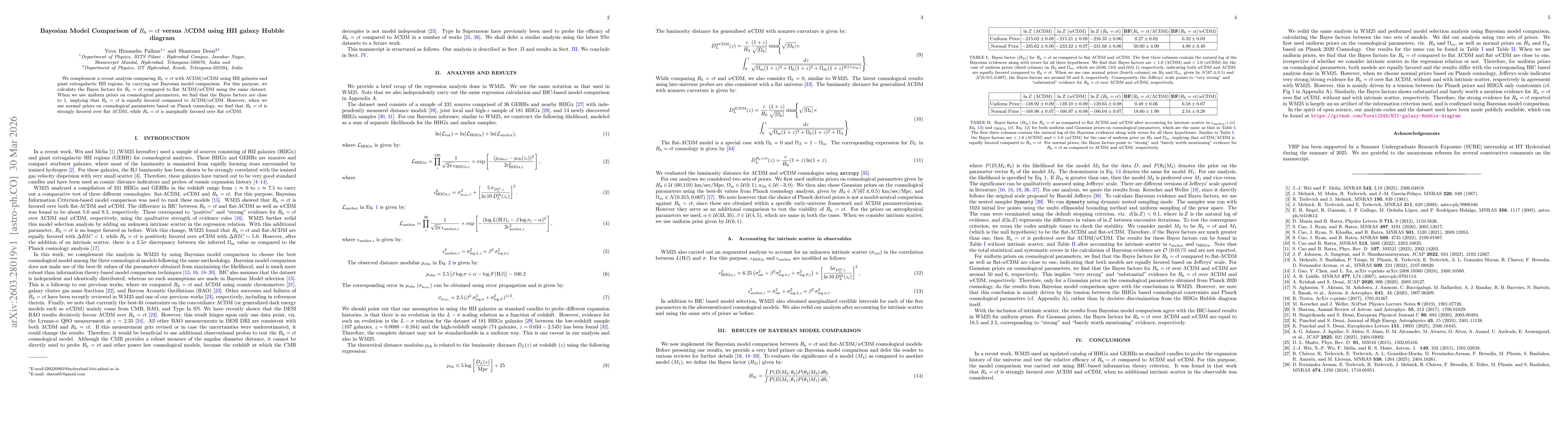 Thumbnail for Bayesian Model Comparison of $R_h=ct$ versus $Λ$CDM using HII galaxy Hubble diagram