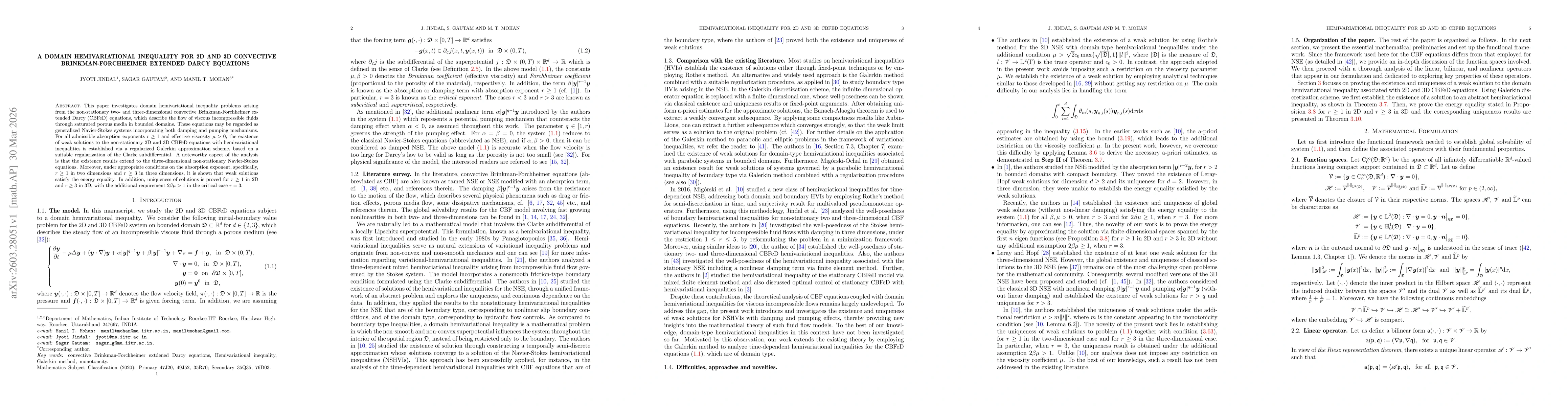 Thumbnail for A domain hemivariational inequality for 2D and 3D convective Brinkman-Forchheimer extended Darcy equations