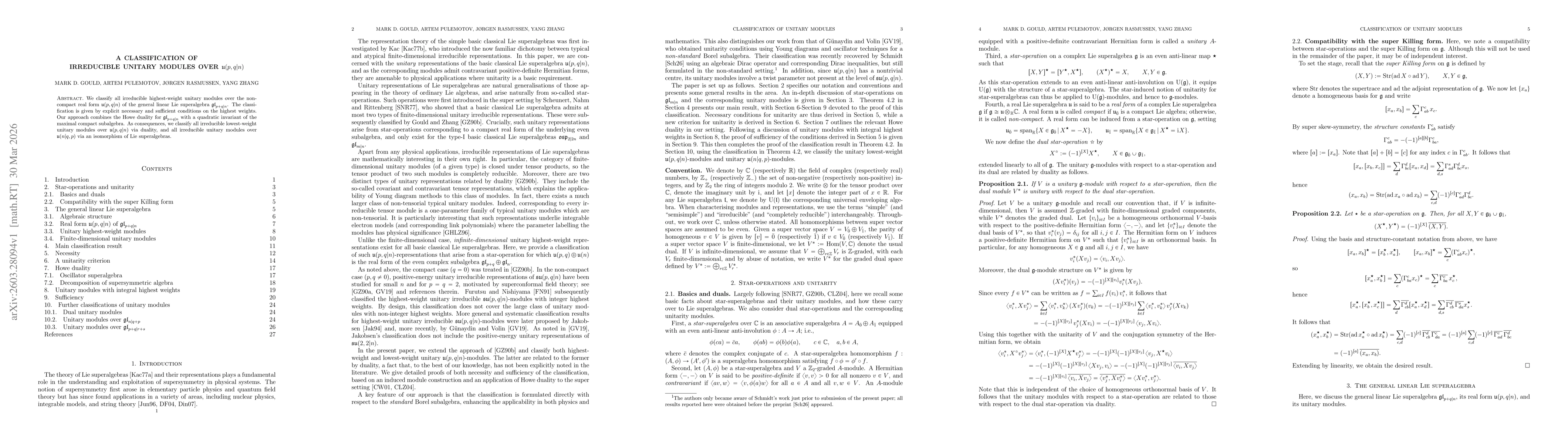Thumbnail for A classification of irreducible unitary modules over $\mathfrak{u}(p,q|n)$