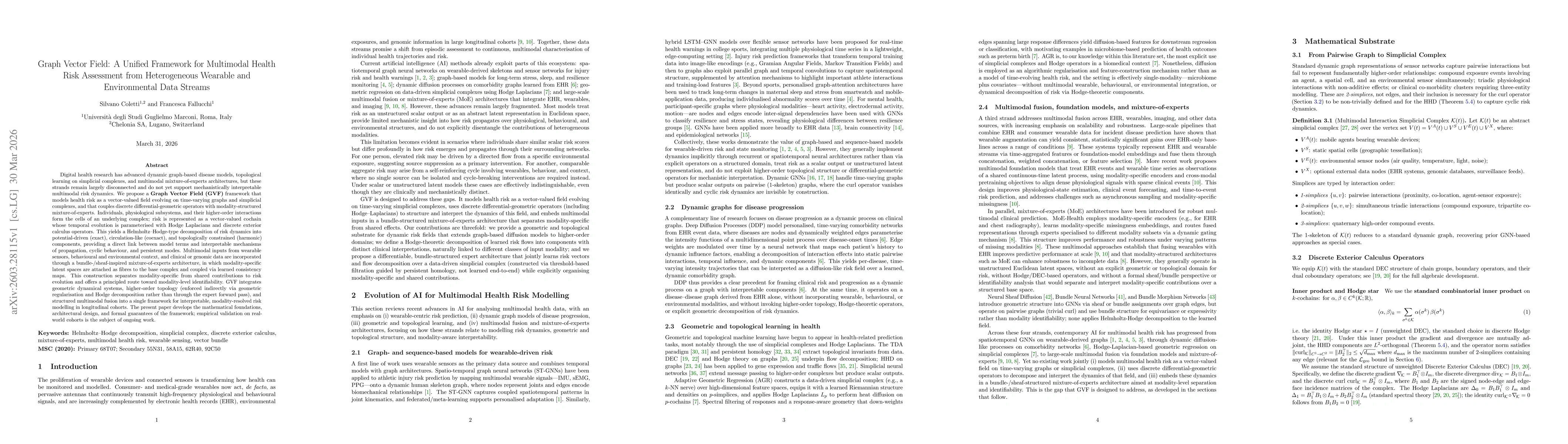 Thumbnail for Graph Vector Field: A Unified Framework for Multimodal Health Risk Assessment from Heterogeneous Wearable and Environmental Data Streams