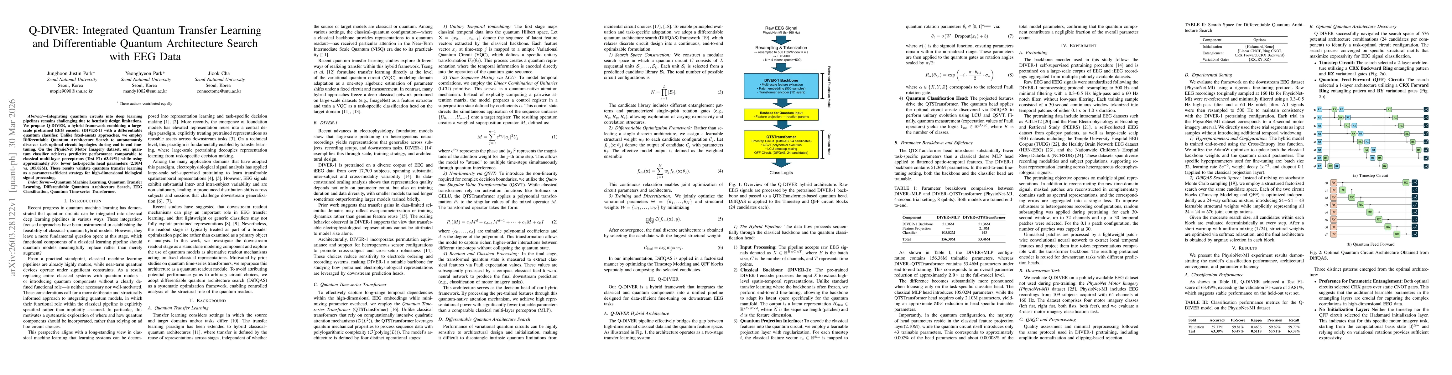 Thumbnail for Q-DIVER: Integrated Quantum Transfer Learning and Differentiable Quantum Architecture Search with EEG Data