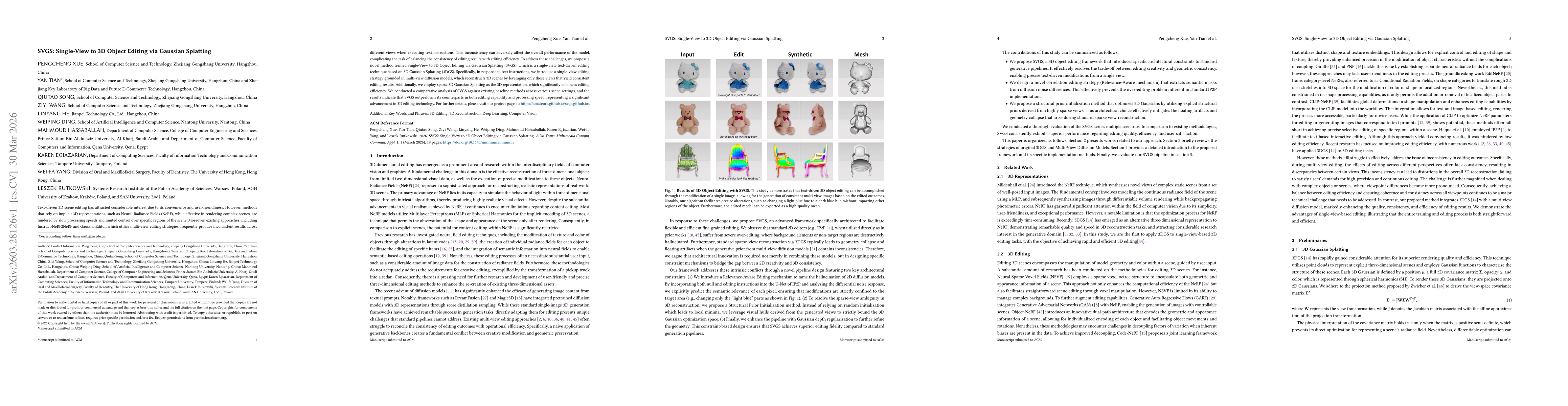 Thumbnail for SVGS: Single-View to 3D Object Editing via Gaussian Splatting