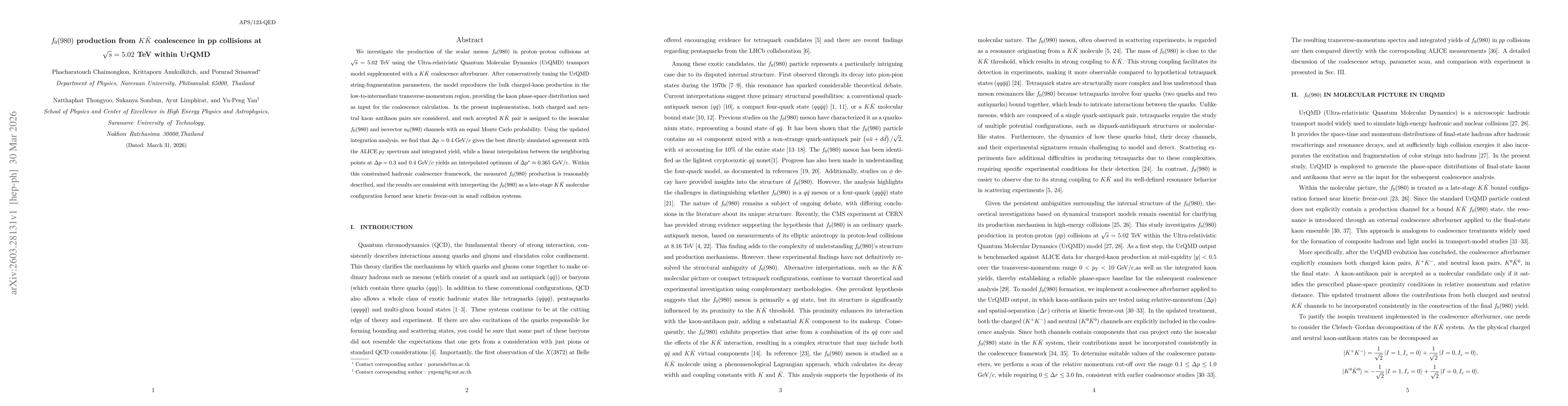 Thumbnail for $f_0(980)$ production from $K\bar{K}$ coalescence in pp collisions at $\sqrt{s}=5.02$ TeV within UrQMD